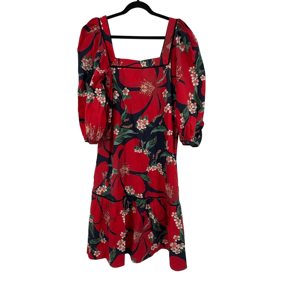 Farm Rio for Anthropologie Red Tropical Hibiscus Floral Puff Sleeve Dress XL